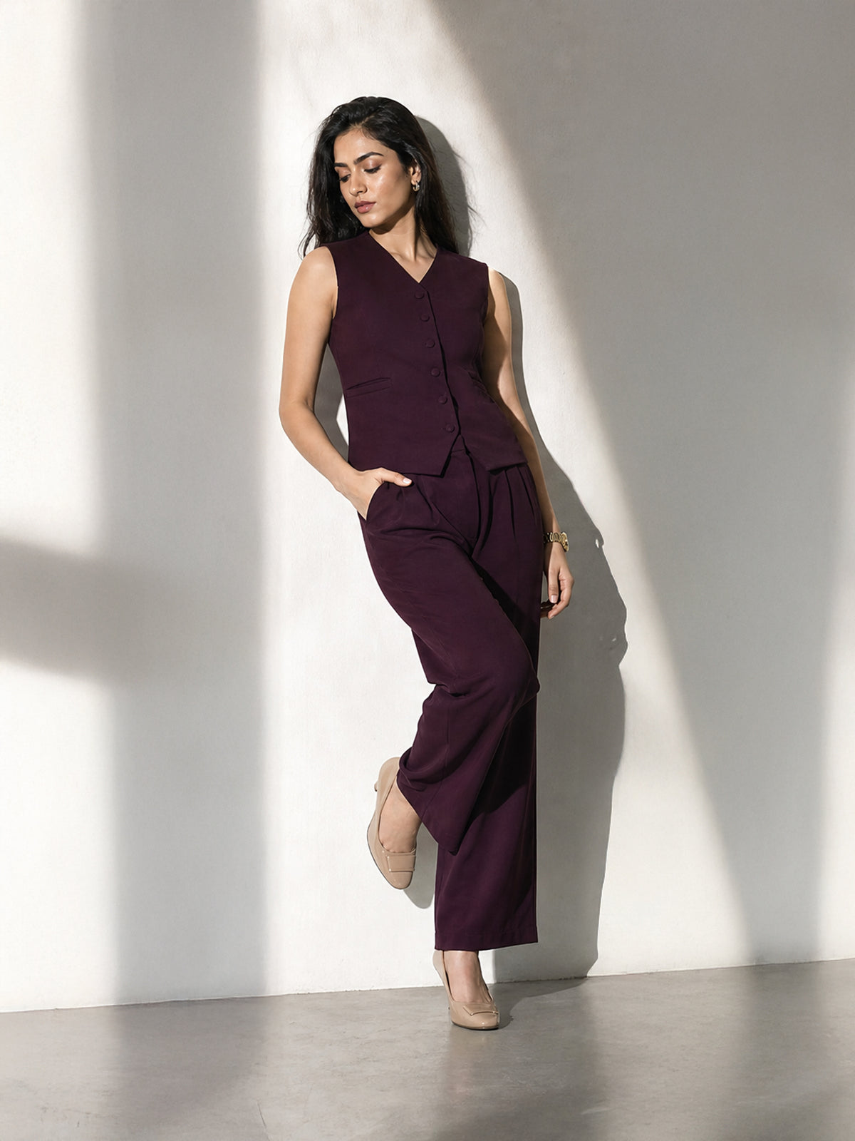 Exude Elusiveness Solid Wide Leg Trousers With Waist-Coat Top Co-ord (Wine)