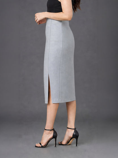 Grey High-Waist Midi Pencil Skirt with Front Slit