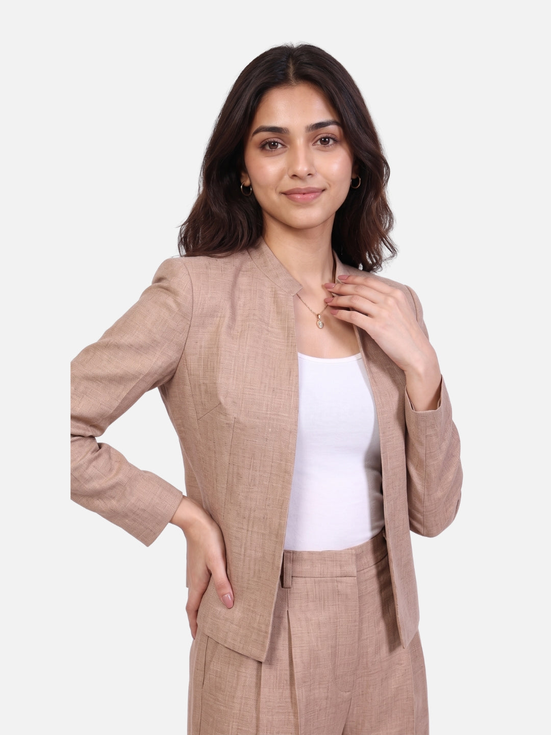 Exude Power Mandarin Collar Linen Blazer with Straight Fit Trousers (Beige)
