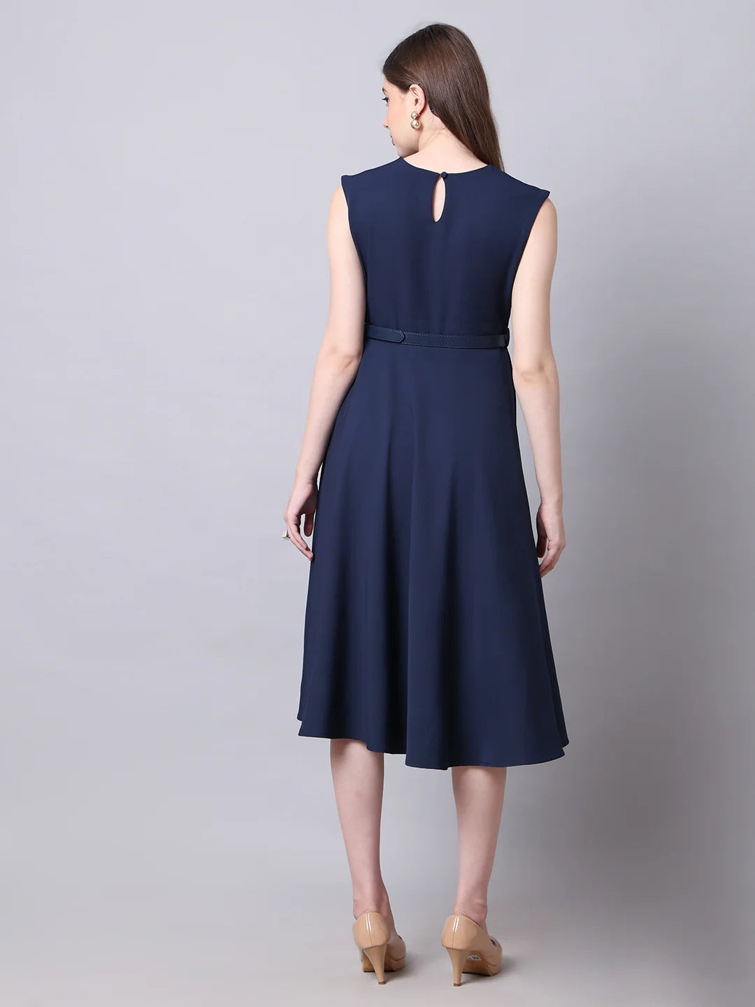 Exude Warmth Fit & Flare Dress with Belt Navy Dresses