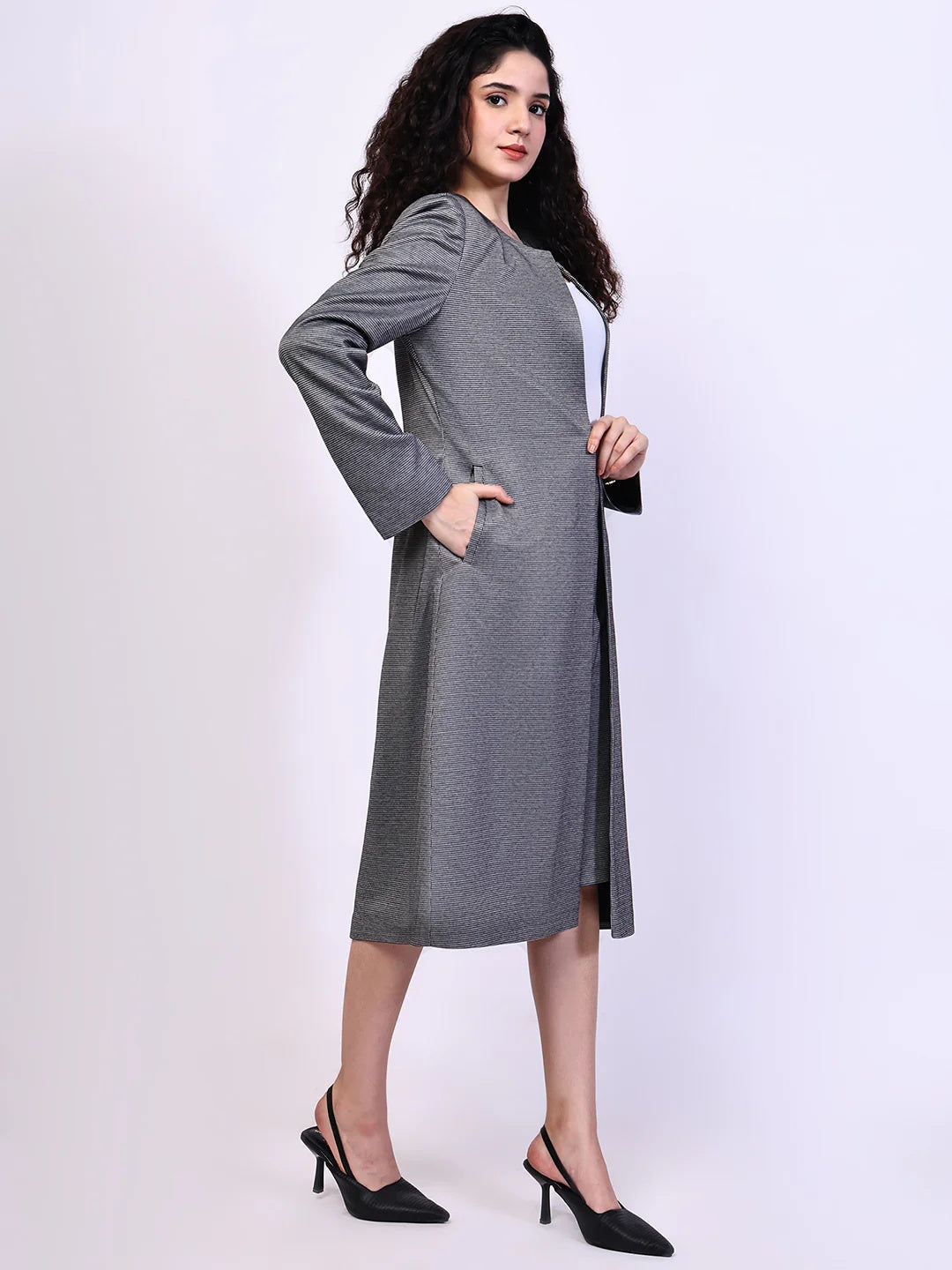 Exude Crowned Confidence Long Blazer and Midi A-line Skirt Black-White Co-ord Sets