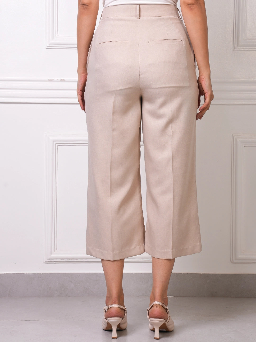 Beige Linen Blend High-Waist Pleated Culottes