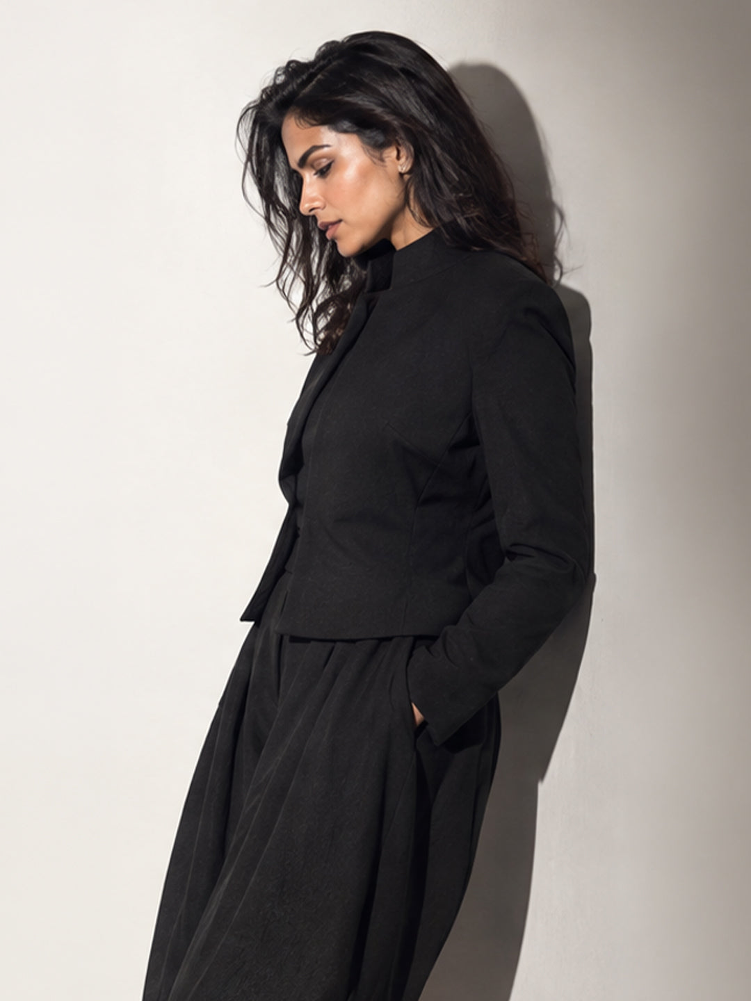 Black Cropped Stand-Collar Blazer