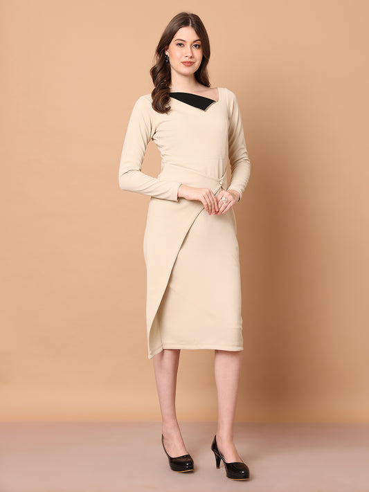 Exude Feminine Flair Front Fold Wrap Dress (Beige)