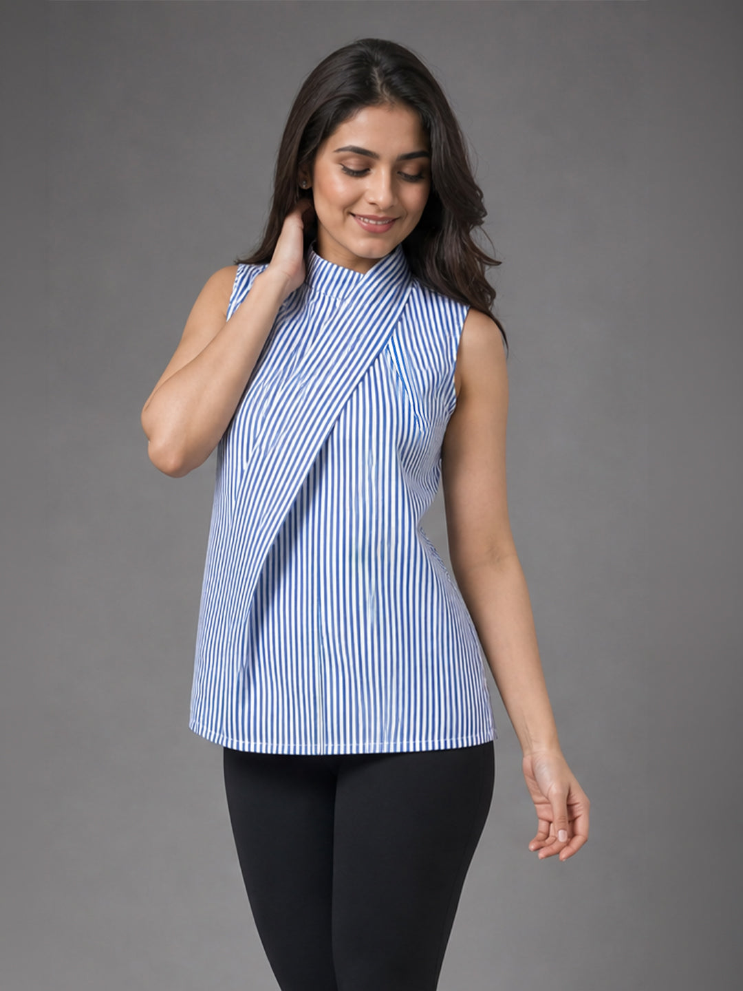 Blue &amp; White Stripe Sleeveless Wrap Collar Top