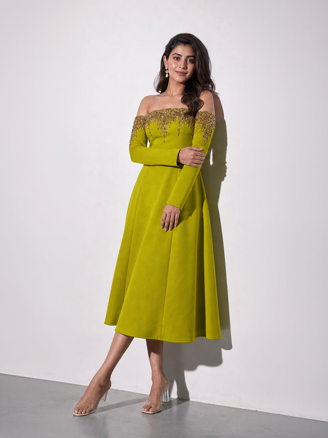 Lime Green Off-Shoulder Embroidered Dress