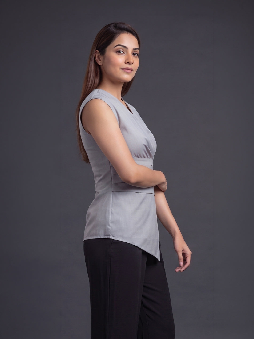 Grey Wrap-Style Sleeveless Top with Pleated Waistband