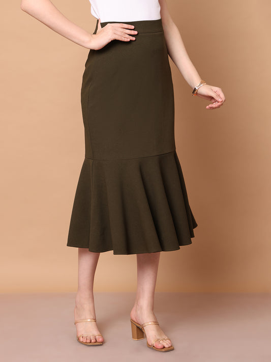 Exude Wanderlust Wardrobe, Fishtail Midi Skirt (Olive)