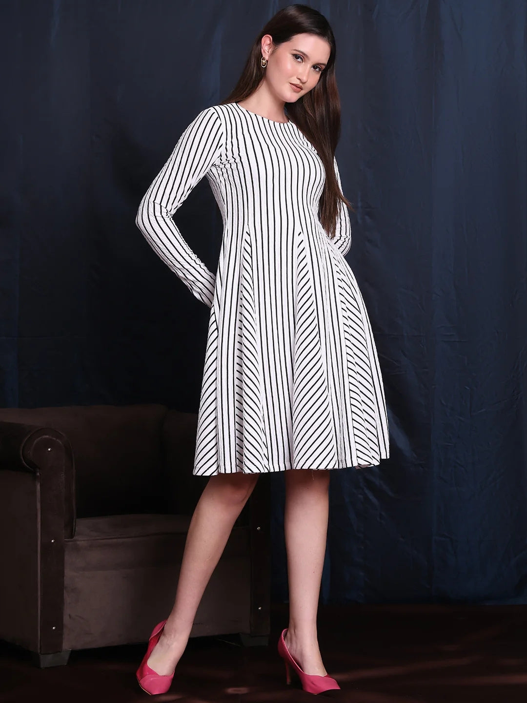 Exude Gleam & Grace A-line Dress With Unique Paneled Skirt Detailing 