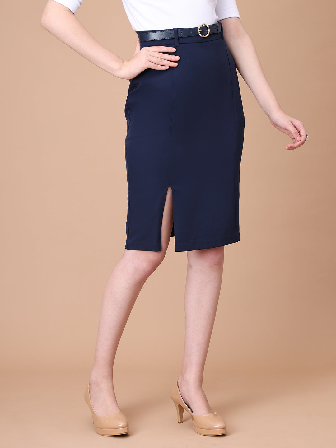 Exude Courageous Spirit Knee Length Front Slit Skirt with Belt (Navy)