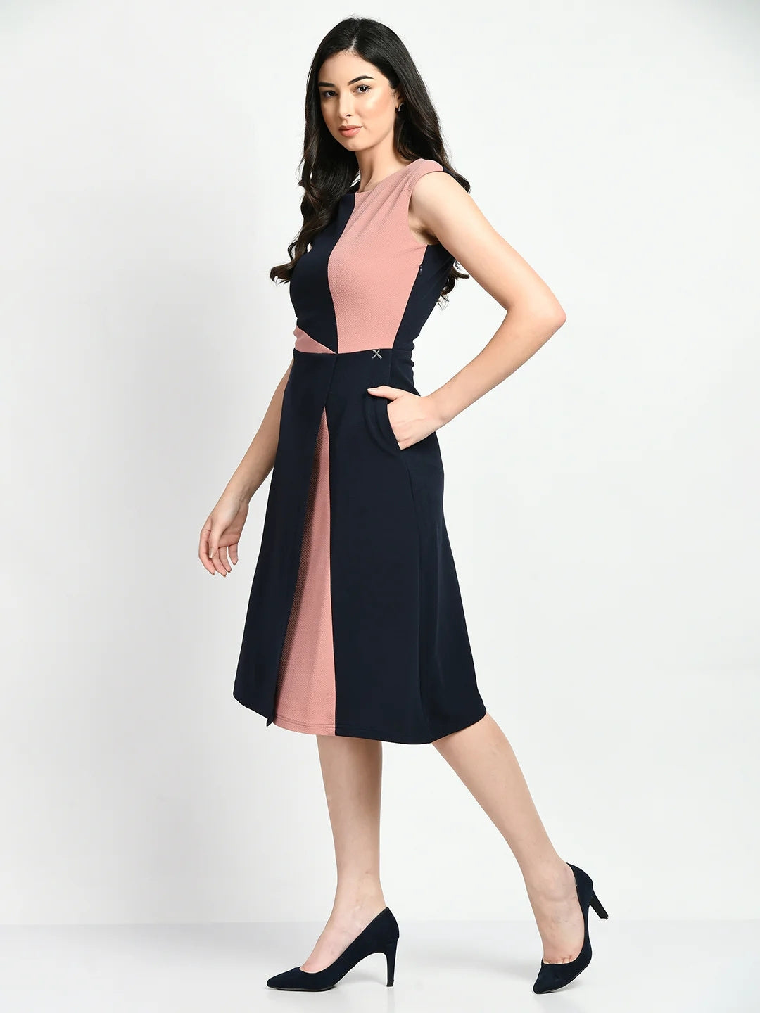 Exude Elegance Colour Blocked A-line Wrap Dress Navy + Pink Dresses
