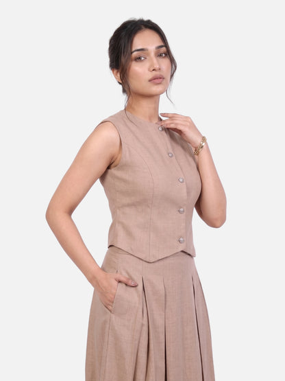 Beige Linen Pearl Button Vest &amp; Pleated Maxi Skirt Co-ord Set