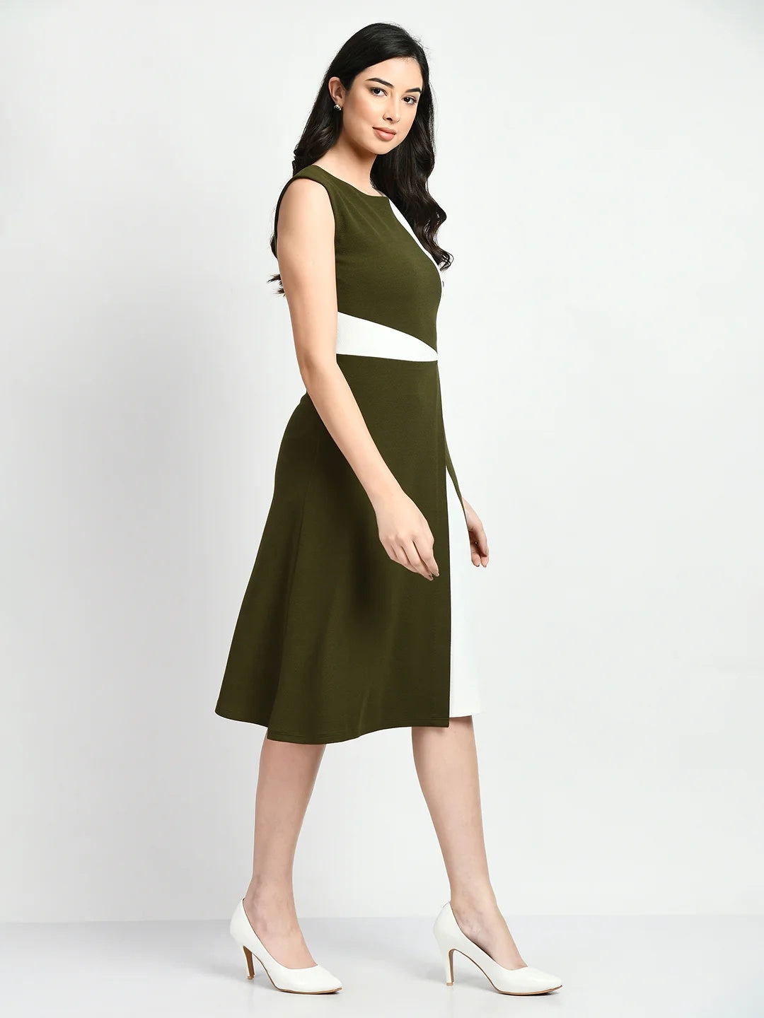 Exude Elegance Colour Blocked A-line Wrap Dress Olive + White Dresses