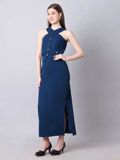 Exude Runway-Ready Long Skirt with Halter Top Royal Blue Co-ord Sets