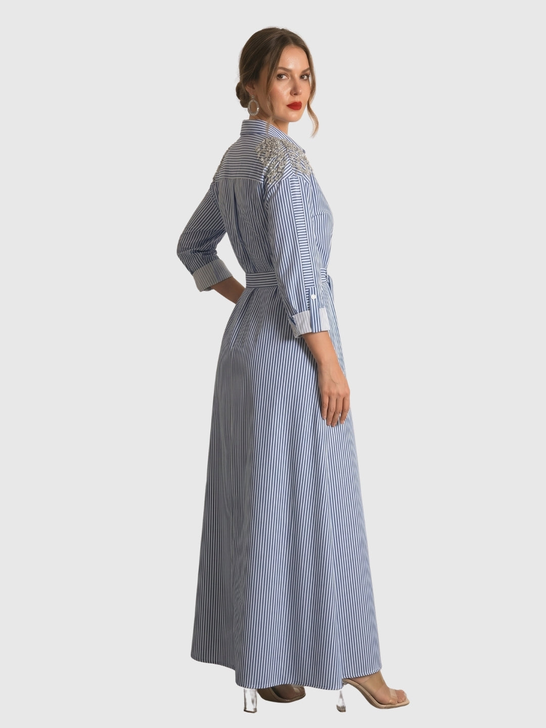 Exude Riviera Embellished Stripe Shirt Maxi Dress