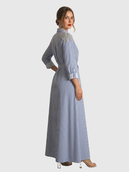 Exude Riviera Embellished Stripe Shirt Maxi Dress