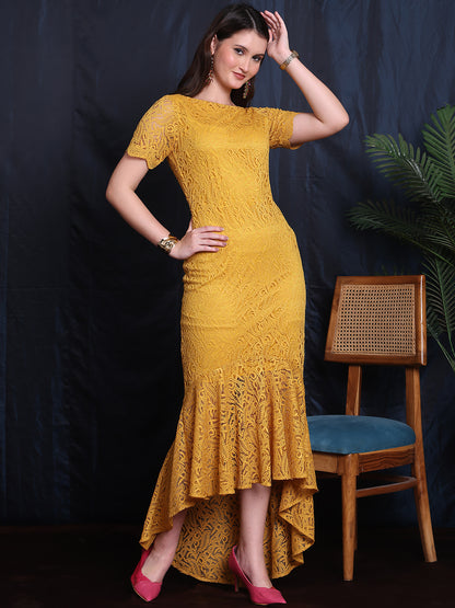 Exude Moonlit Luxe High Low Lace Dress With Short Sleeve