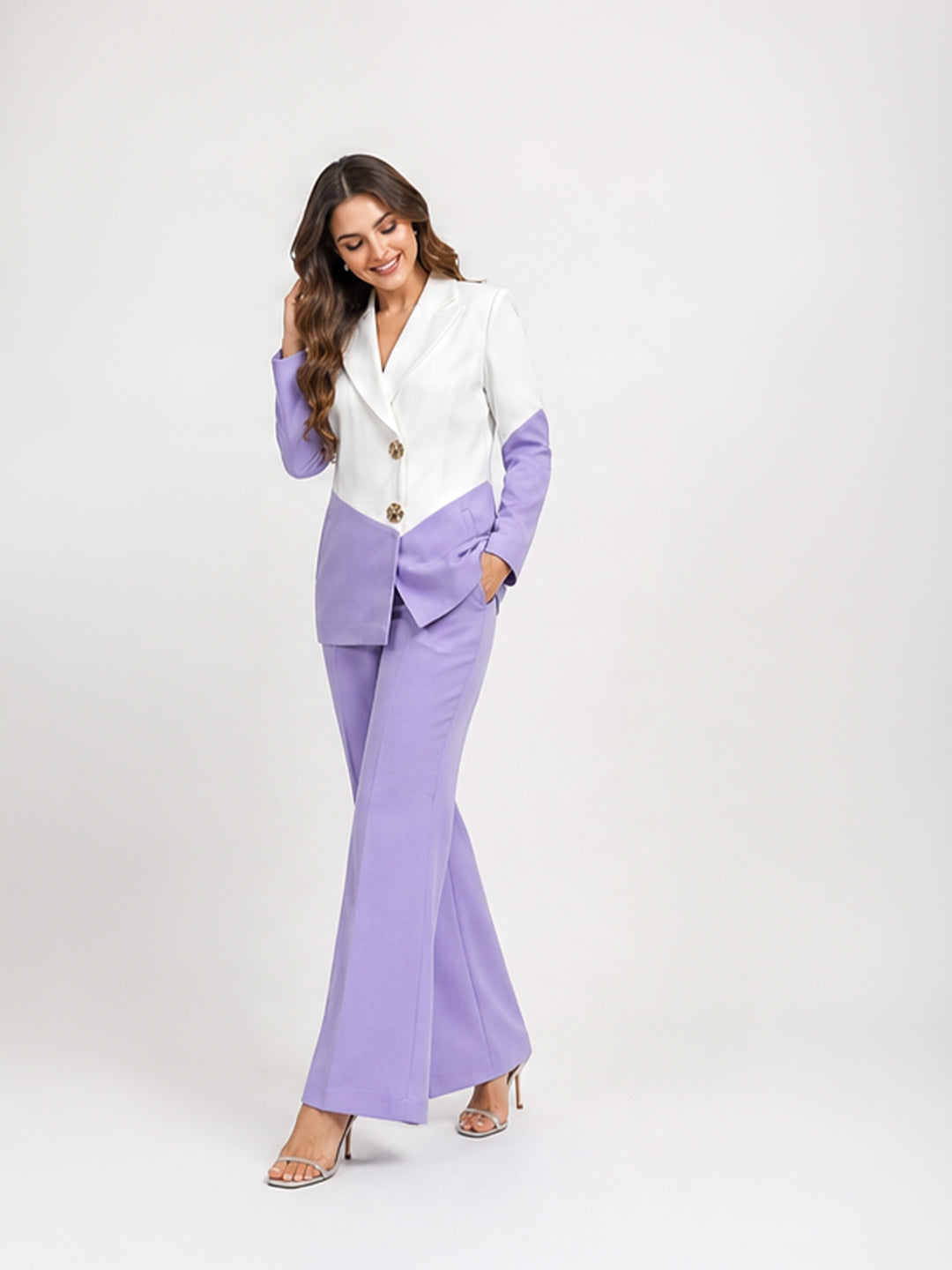Color-Block Blazer &amp; Flared Trouser Co-Ord Set