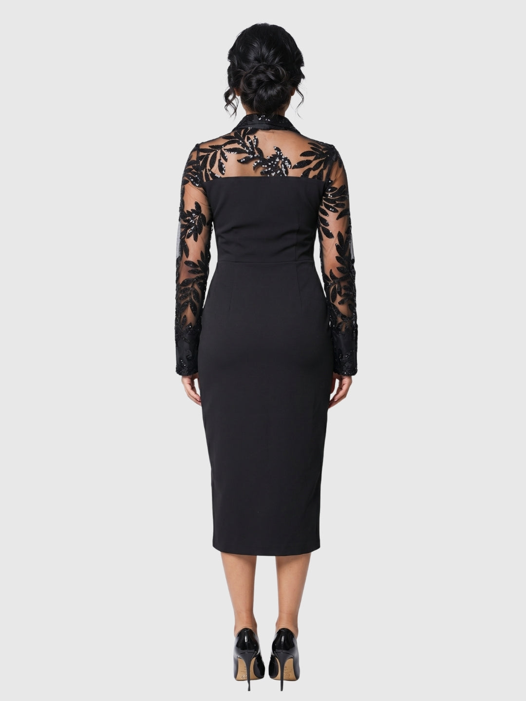 Exude Marina Noir Sequin Sheer-Sleeve Dress