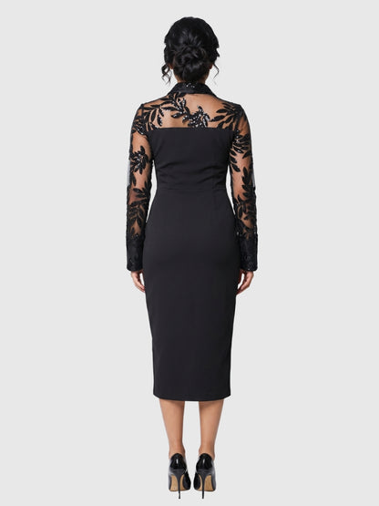 Exude Marina Noir Sequin Sheer-Sleeve Dress