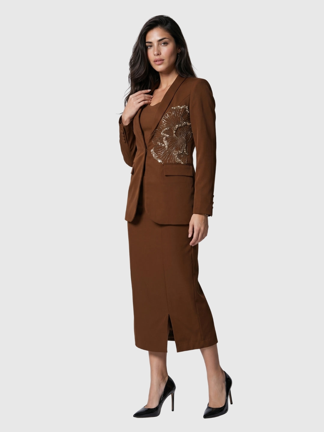 Exude Mocha Grace Embroidered Blazer Skirt Set