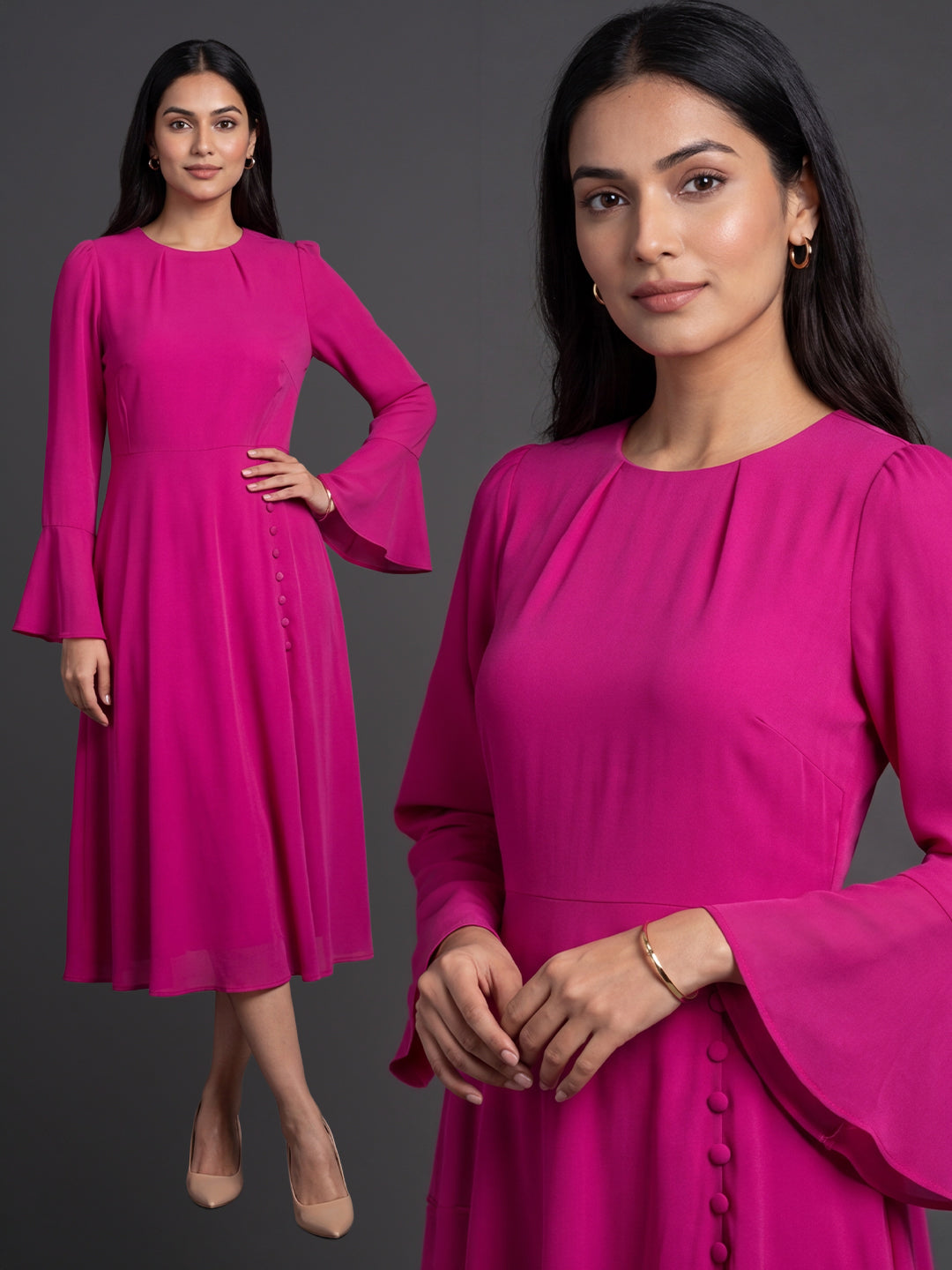 Exude Gleaming Fit &amp; Flare Dress with Long Sleeves (Rosy Pink)