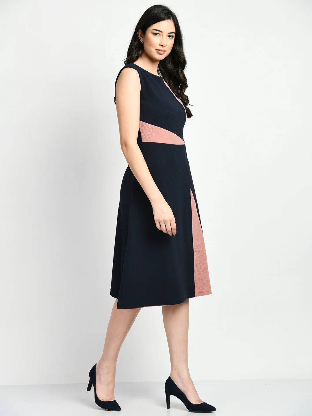 Exude Elegance Colour Blocked A-line Wrap Dress Navy + Pink Dresses
