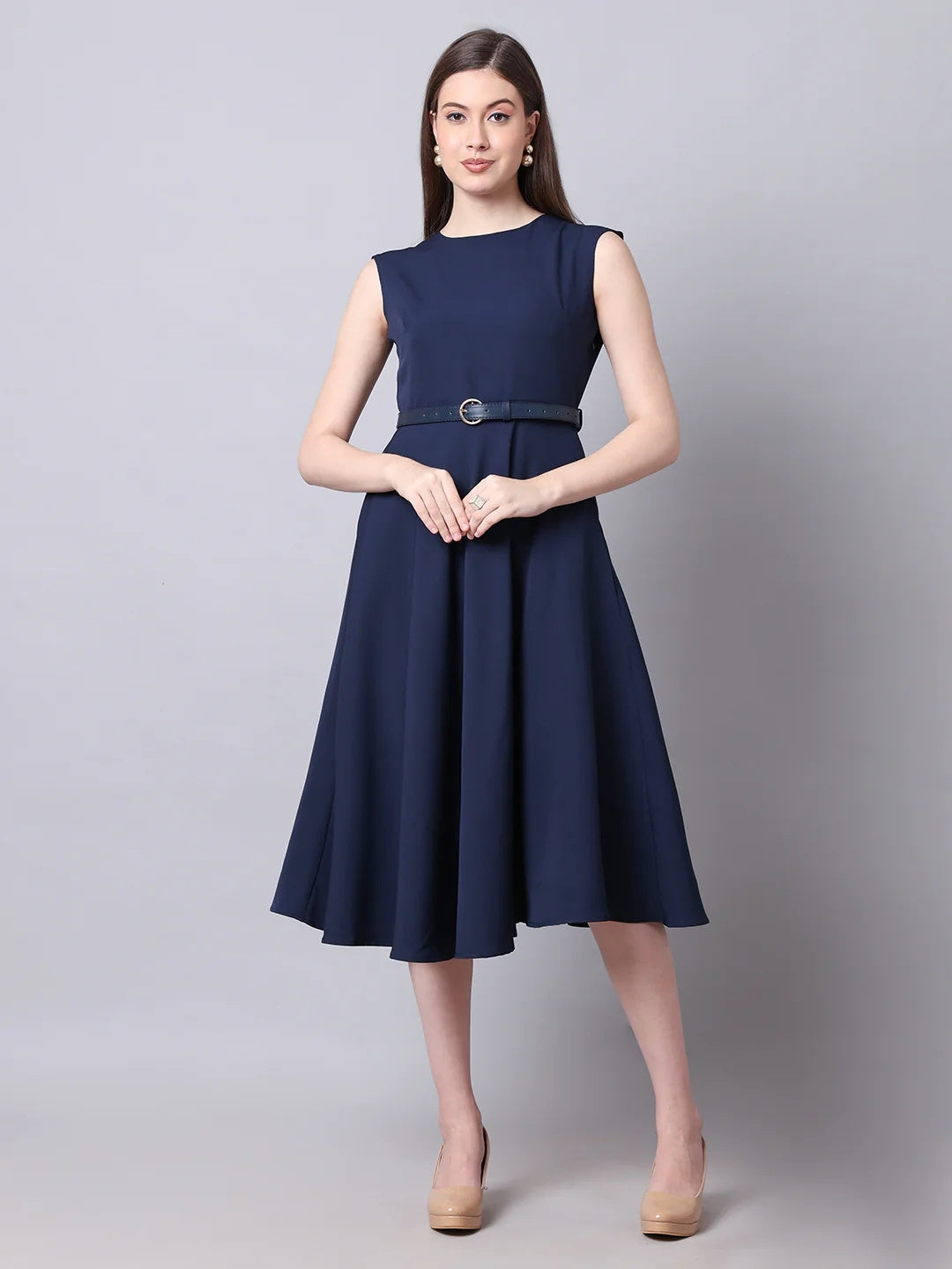 Exude Warmth Fit & Flare Dress with Belt Navy Dresses