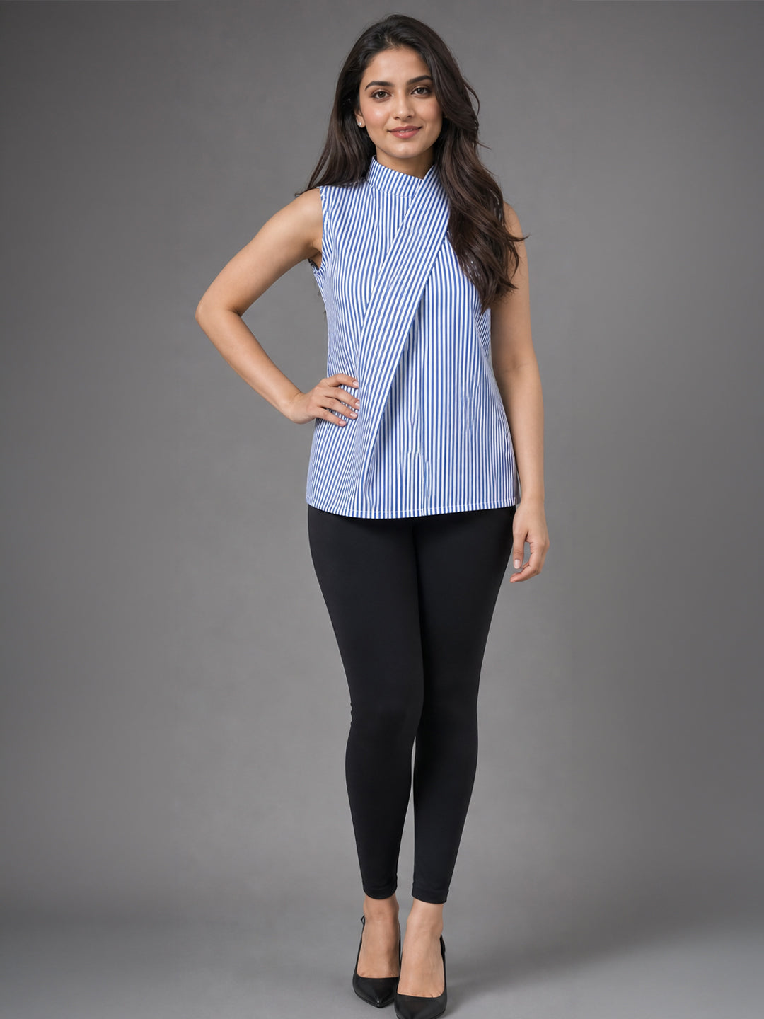 Blue &amp; White Stripe Sleeveless Wrap Collar Top