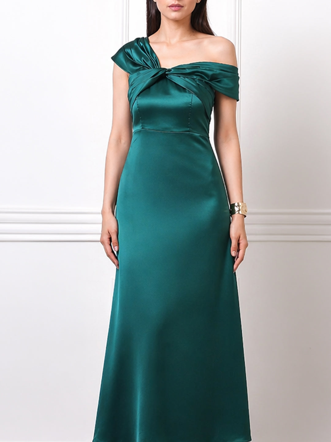 EXUDE Emerald Twist Off-Shoulder Satin Midi Dress