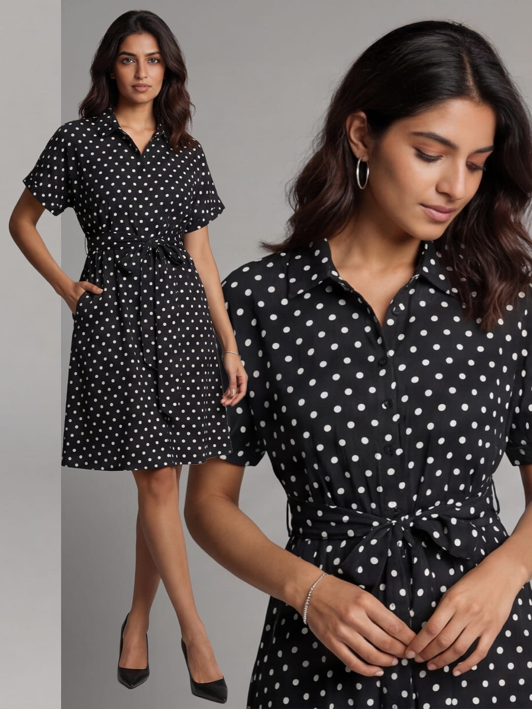 Exude Midnight Polka Tie knot dress