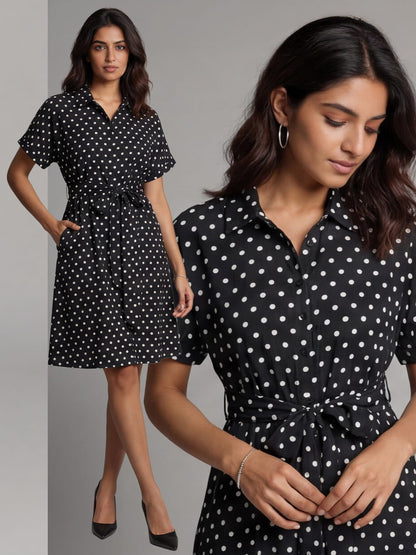 Exude Midnight Polka Tie knot dress