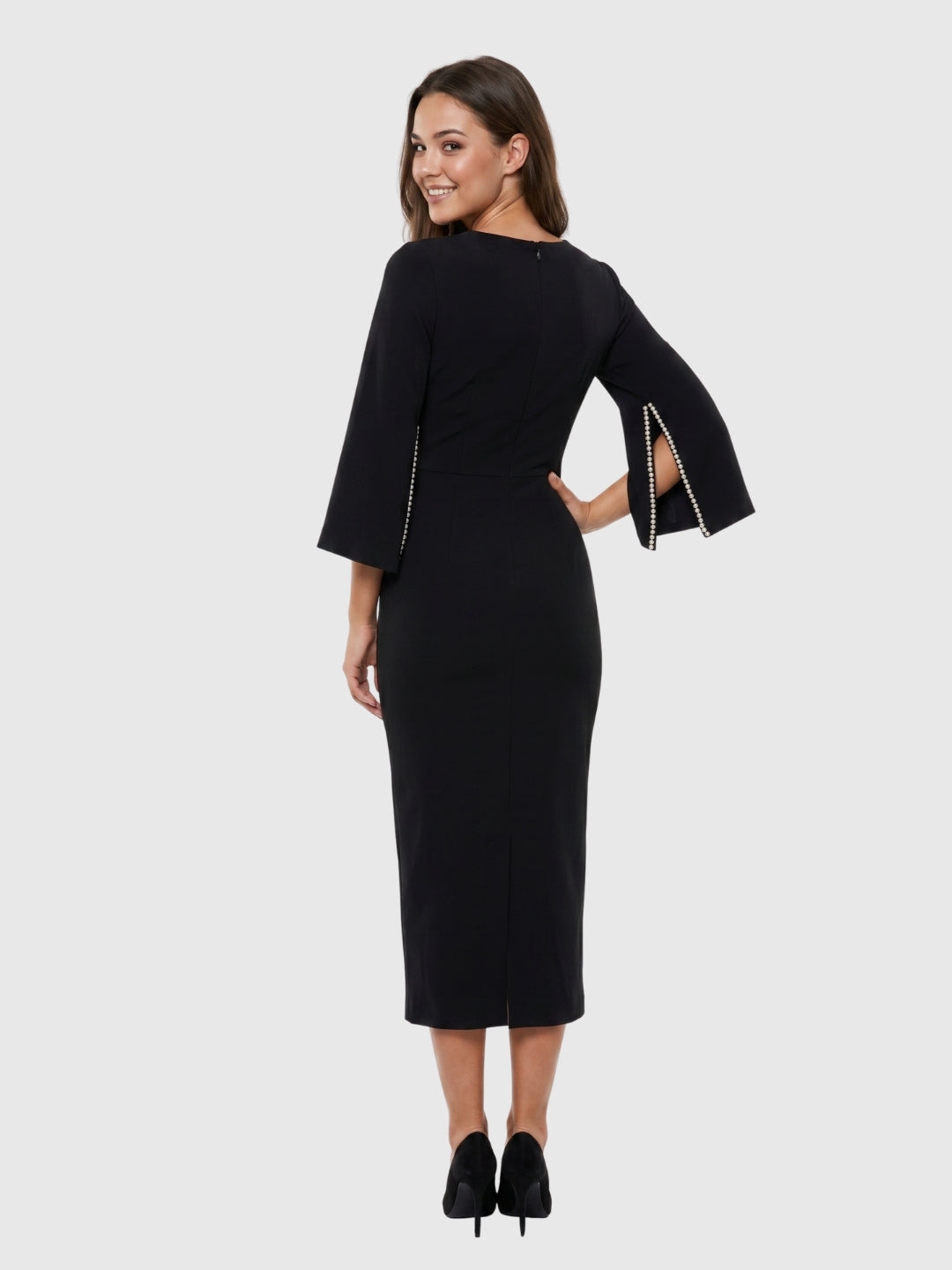 Exude Midnight Grace Pearl Sleeve Midi Dress
