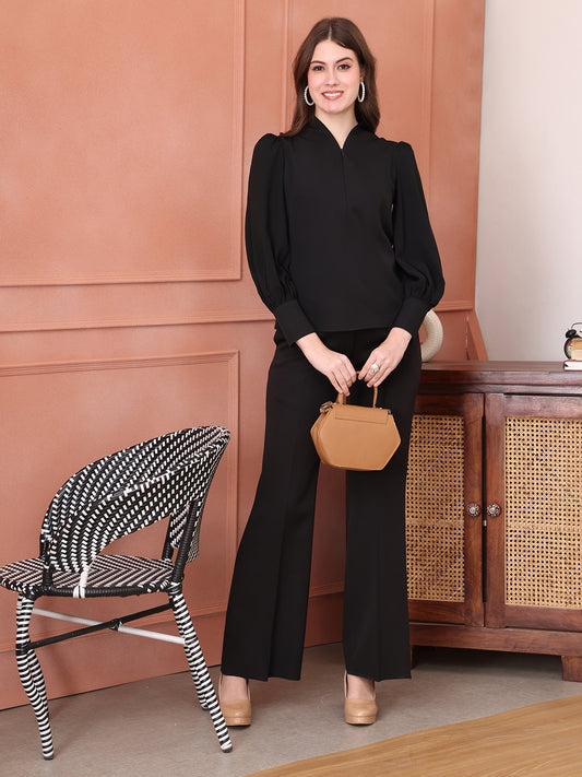 Exude Whimsical Wonders Dramatic Puff Sleeve Top with Front Zip (Black)