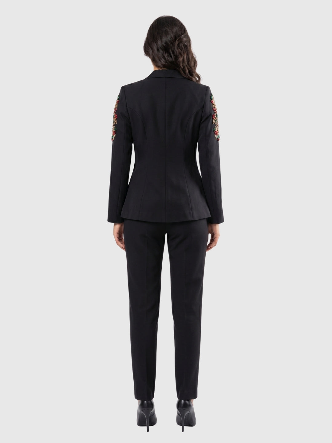 Exude Noir Blossom Embroidered Pantsuit