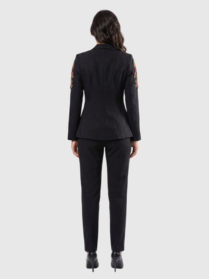 Exude Noir Blossom Embroidered Pantsuit