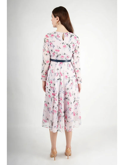 Exude Sunshine A-Line Georgette Dress with Belt Pink Dresses