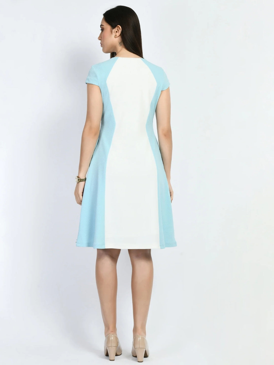 Exude Awe Colour-blocked Sculpt A-line Dress Sky Blue Dresses