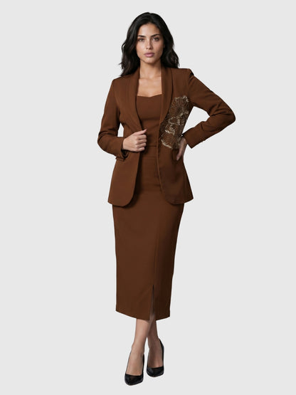 Exude Mocha Grace Embroidered Blazer Skirt Set