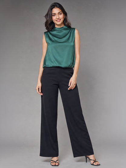 Emerald Green Satin Cowl Neck Top with Back Tie Detail