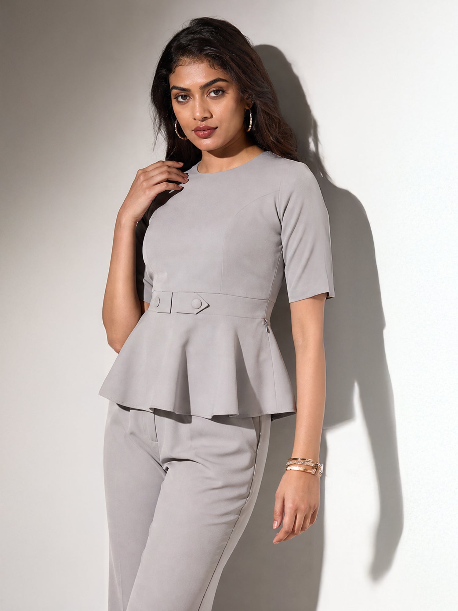 Exude Rise &amp; Roar A-Line Top with Waist Detail, Paired With Matching Bootcut Trouser (Grey)