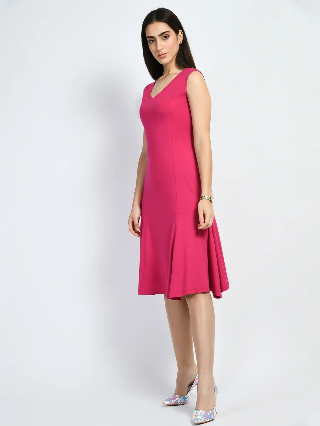Exude Appeal Flared V-neck Dress Hot Pink Dresses