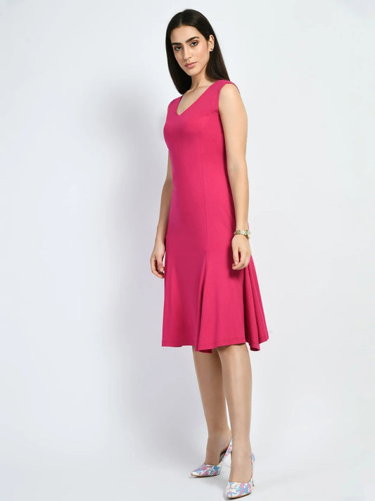 Exude Appeal Flared V-neck Dress (Hot Pink)