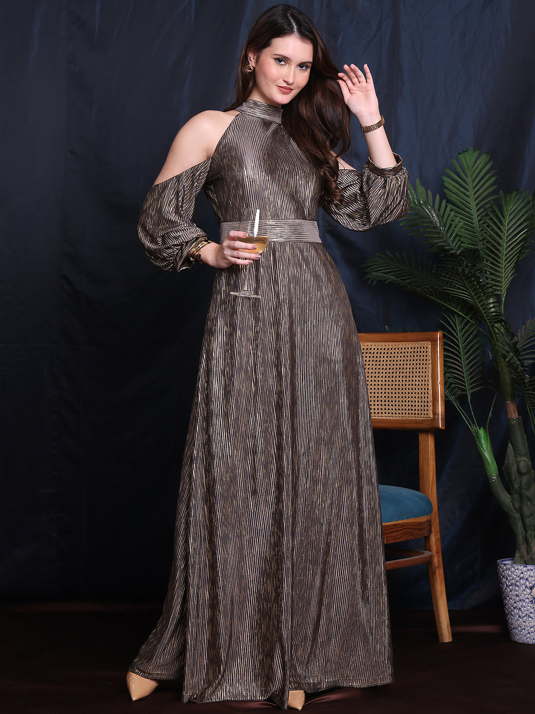 Exude Ethereal Glam Halter Gown With Hanging Sleeve