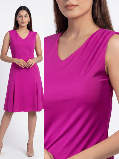 Exude Appeal Flared V-neck Dress (Hot Pink)