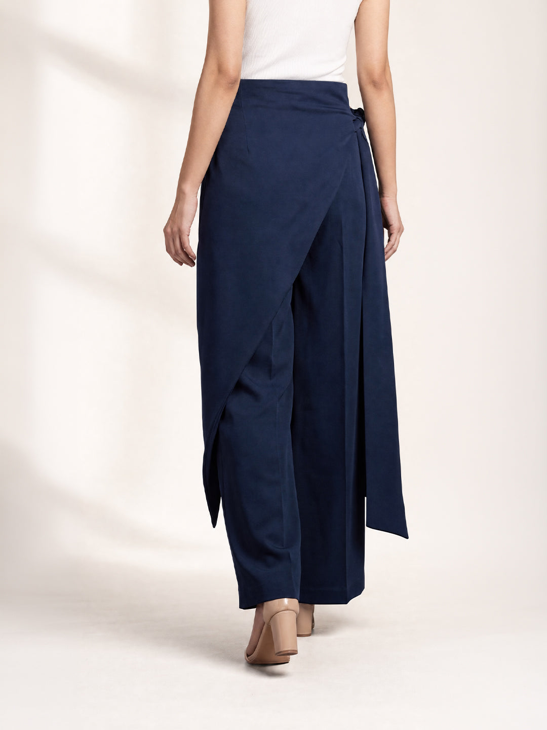 Navy Blue Draped Wrap Wide Leg Trousers with Tie Detail