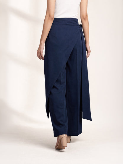 Navy Blue Draped Wrap Wide Leg Trousers with Tie Detail