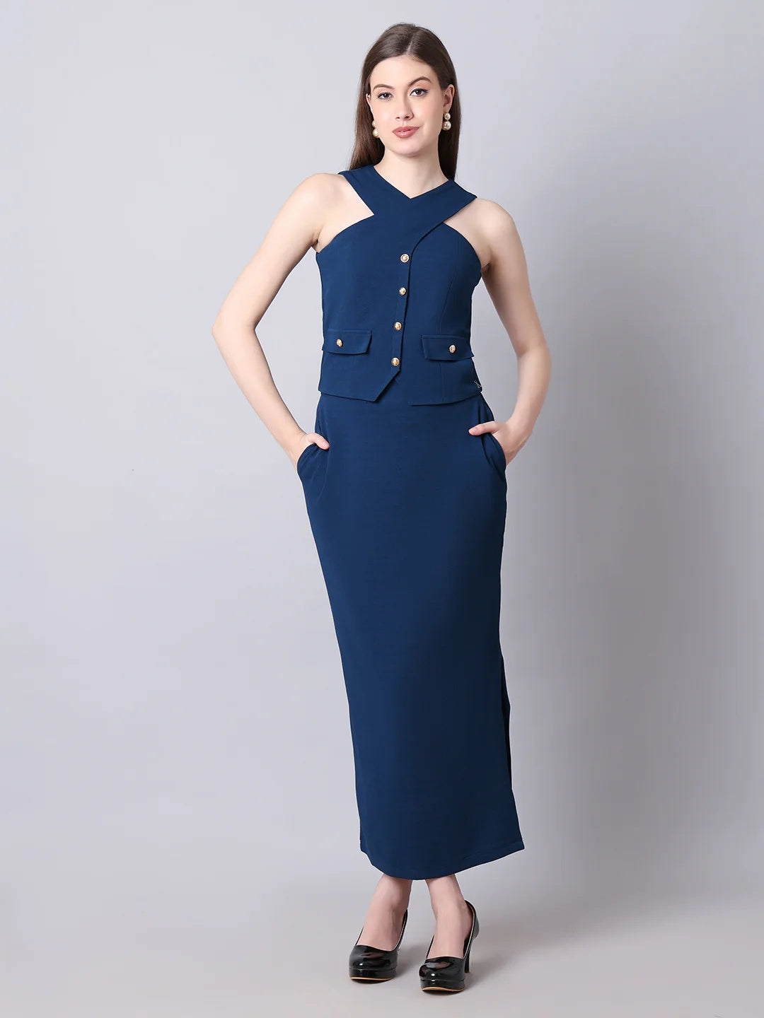 Exude Runway-Ready Long Skirt with Halter Top Royal Blue Co-ord Sets