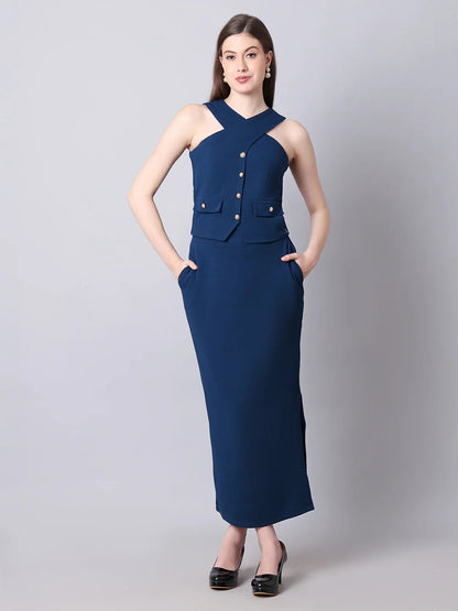 Exude Runway-Ready Long Skirt with Halter Top Royal Blue Co-ord Sets