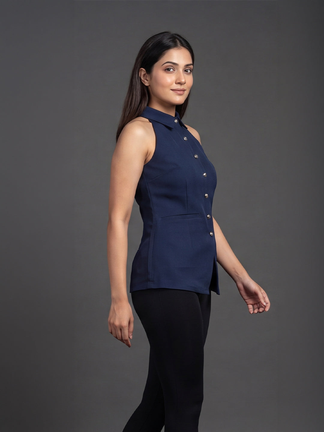 Navy Blue Halter Neck Button-Down Top